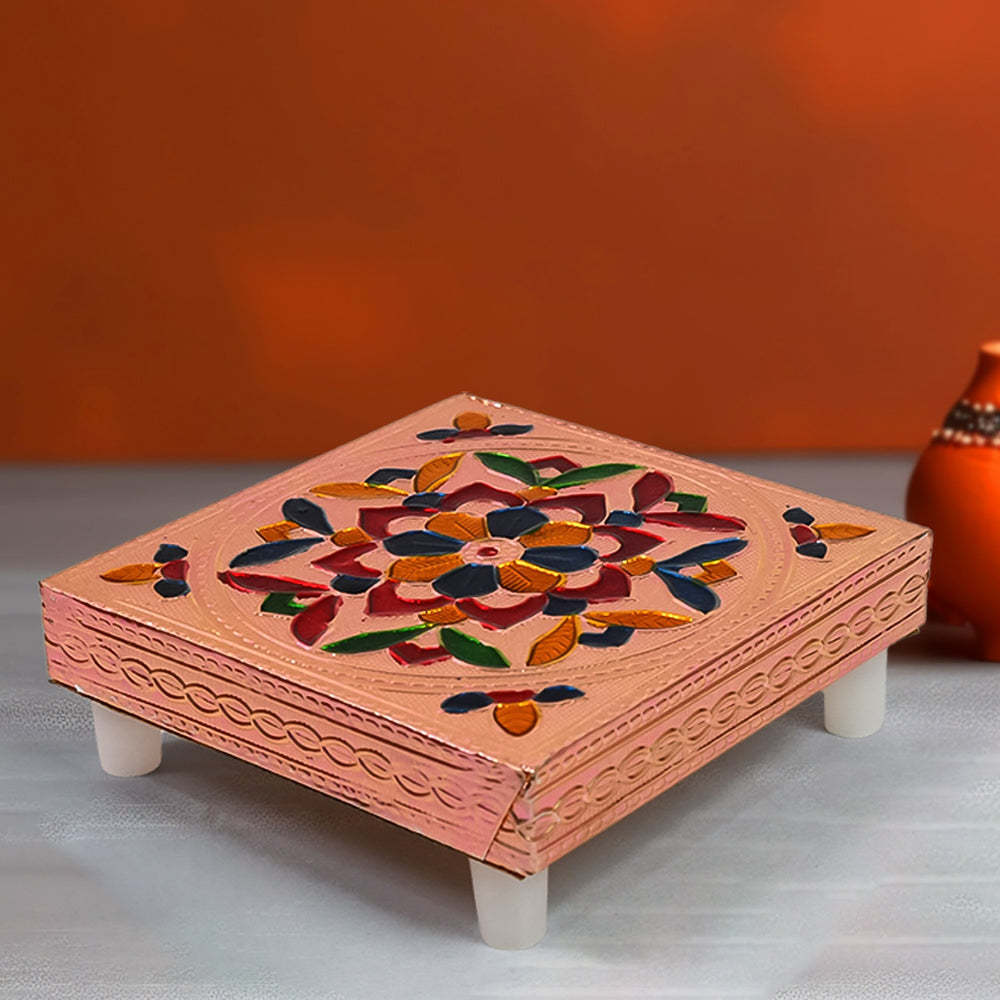 Handicraft Meenakari Wooden Chowki Puja Bajot For Home Office Decor For Puja Multicolour (1 Pc Set)